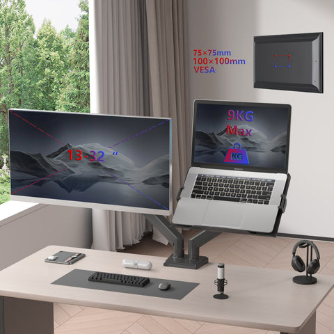 Duronic Dual Monitor Stand desk mount holding a 13–32 inch monitor and a laptop weighing up to 9kg
