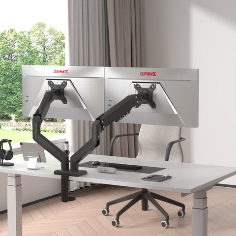 Duronic Dual Monitor Stand  holding two silver monitors

