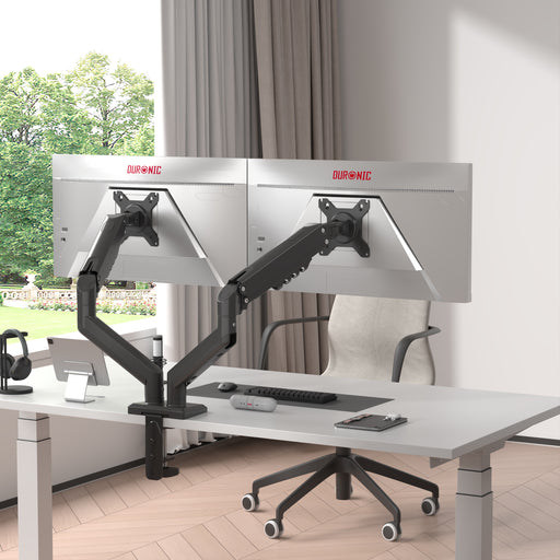 Duronic Dual Monitor Stand  holding two silver monitors
