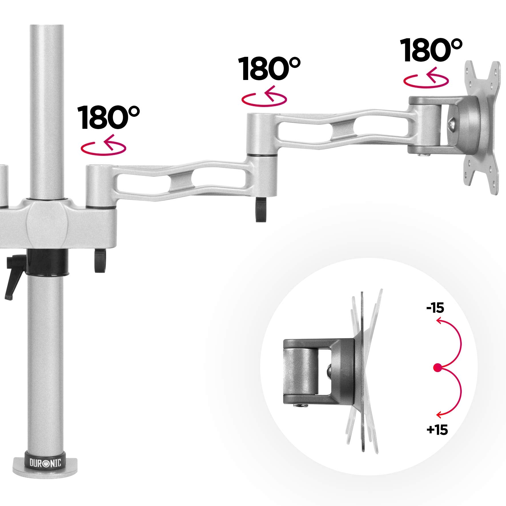 Duronic Dual Monitor Stand showing three 180-degree swivel joints and vertical tilt capabilities.