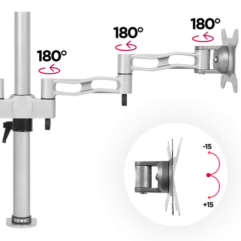 Duronic Dual Monitor Stand showing three 180-degree swivel joints and vertical tilt capabilities.