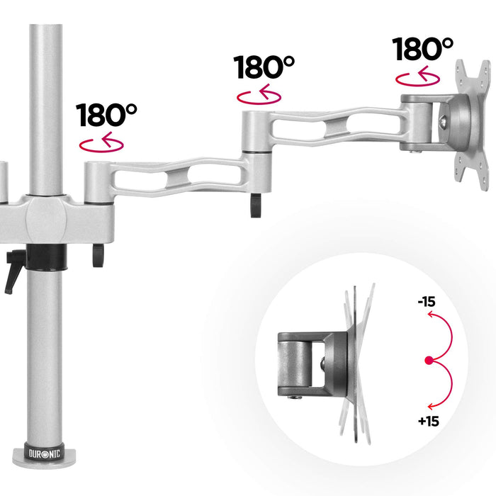 Duronic Dual Monitor Stand showing three 180-degree swivel joints and vertical tilt capabilities.