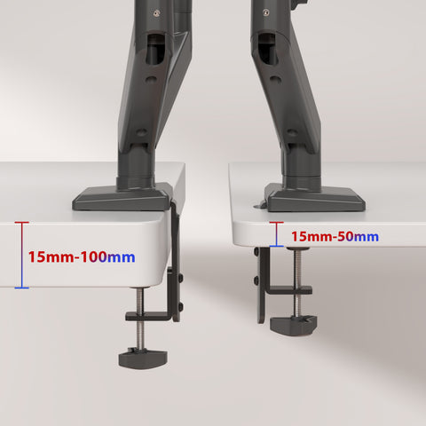 Duronic Dual Monitor Stand side-by-side comparison showing a dual monitor mount's adjustable C-clamp, compatible with desk thicknesses