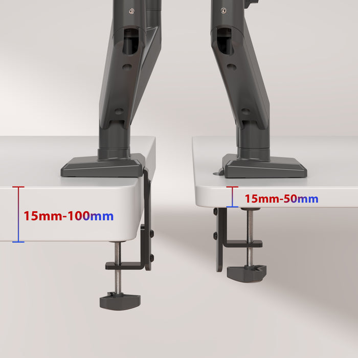 Duronic Dual Monitor Stand side-by-side comparison showing a dual monitor mount's adjustable C-clamp, compatible with desk thicknesses