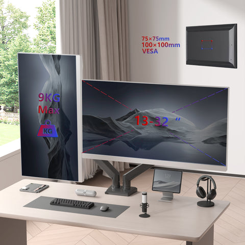 Duronic Dual Monitor Stand supporting two 13-32 inch screens up to 9kg each, with $75 \times 75$mm and $100 \times 100$mm VESA compatibility.
