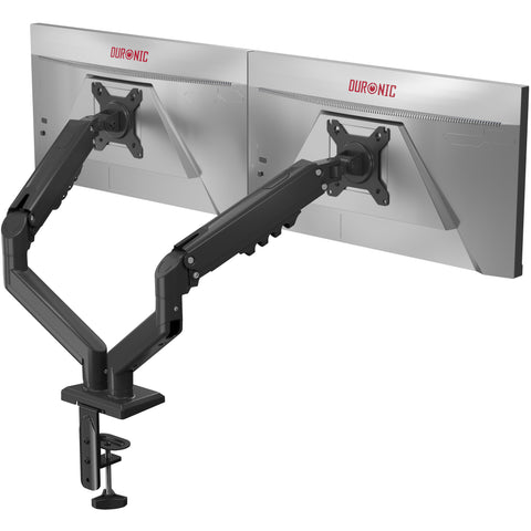 Duronic Dual Monitor Stand with a desk clamp, shown supporting two silver widescreen monitors.