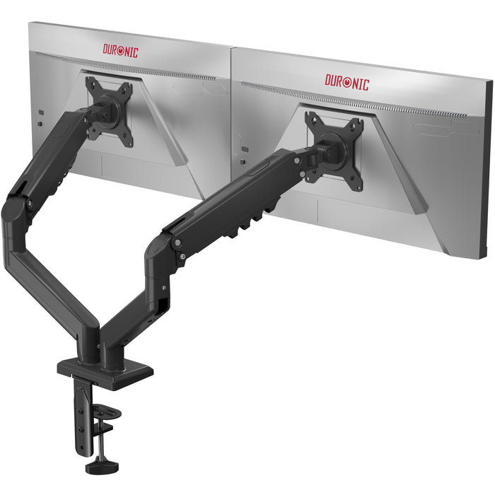 Duronic Dual Monitor Stand with a desk clamp, shown supporting two silver widescreen monitors.