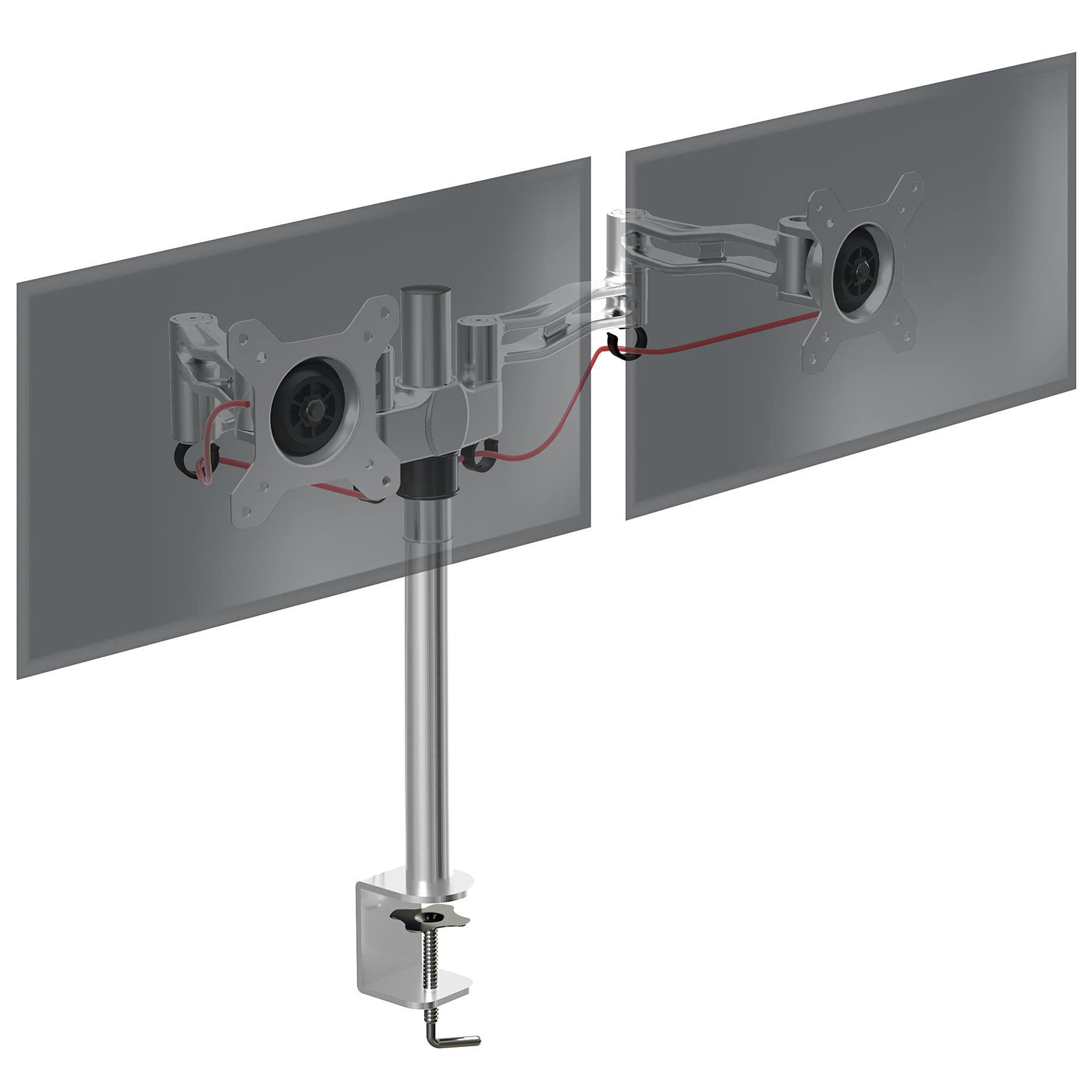 Duronic Dual Monitor Stand with adjustable silver stand, desk clamp, and integrated cable management.