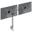 Duronic Dual Monitor Stand with adjustable silver stand, desk clamp, and integrated cable management.