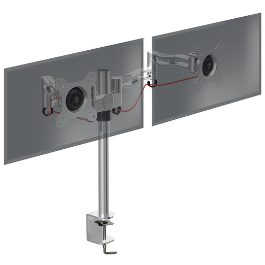 Duronic Dual Monitor Stand with adjustable silver stand, desk clamp, and integrated cable management.