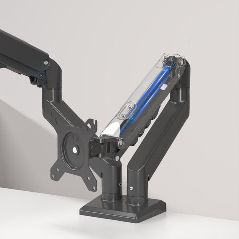 Duronic Dual Monitor Stand with dual-arm monitor mount in matte black, featuring a transparent panel that reveals a blue mechanical spring
