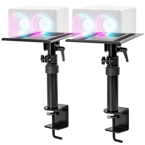 Duronic Dual Speaker Clamp Stands Pair of adjustable black metal desktop speaker stands with C-clamp mounts and tilted top platforms.