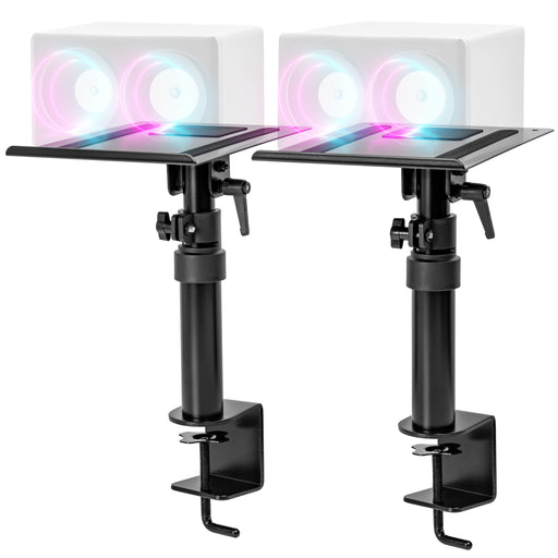Duronic Dual Speaker Clamp Stands Pair of adjustable black metal desktop speaker stands with C-clamp mounts and tilted top platforms.