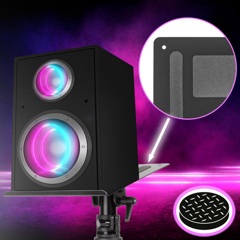Duronic Dual Speaker Clamp Stands black studio monitor stand featuring a non-slip padded platform and glowing LED speakers set against a vibrant purple neon background.