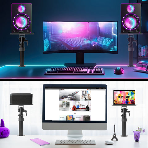 Duronic Dual Speaker Clamp Stands desk-mounted studio monitor stands shown in both a neon-lit gaming setup and a bright, modern office environment.