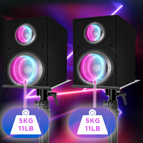Duronic Dual Speaker Clamp Stands with vibrant pink and blue LED lighting, each weighing 5kg (11lb), displayed on adjustable height stands.