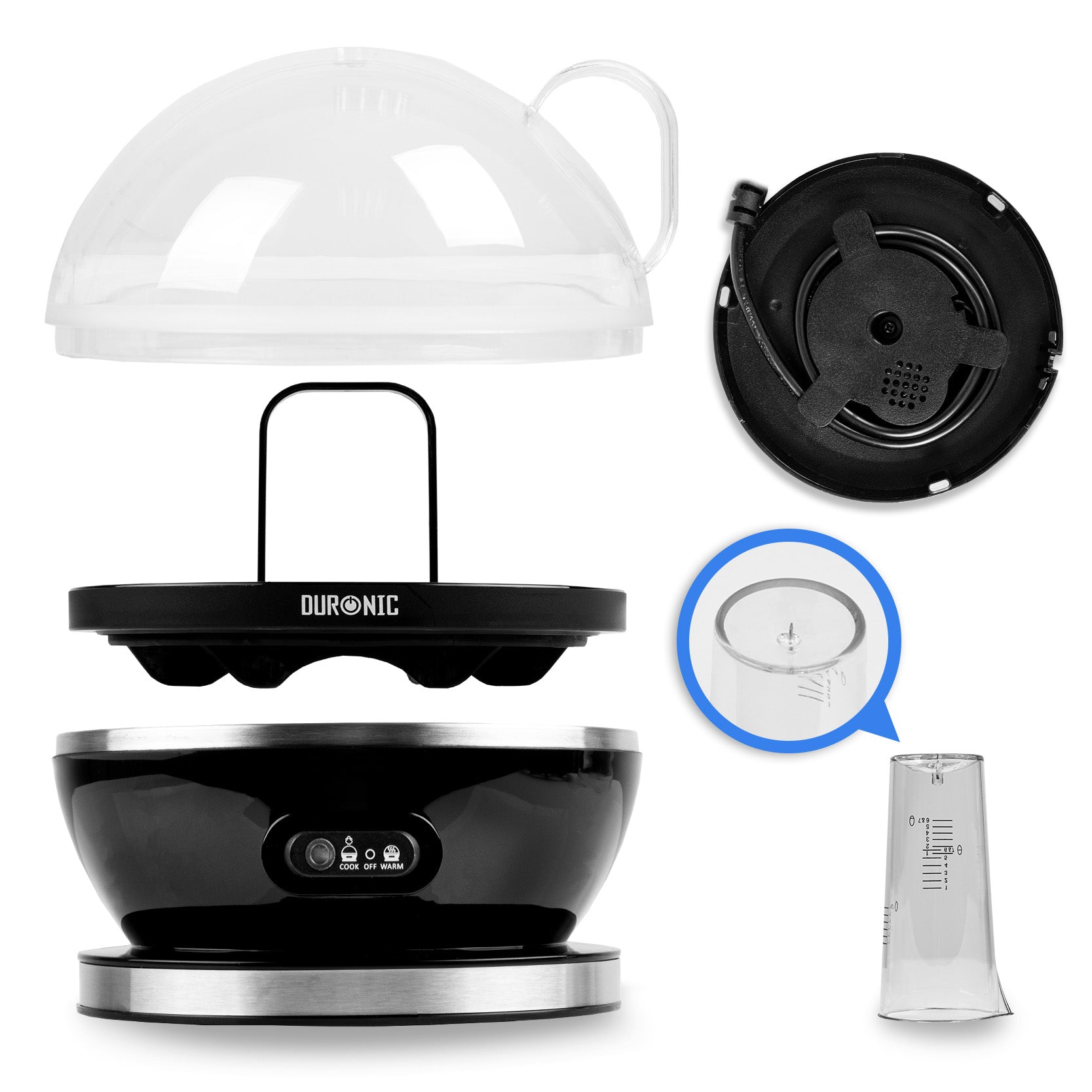 Duronic EB27 BK electric egg boiler deconstructed to show each individual part