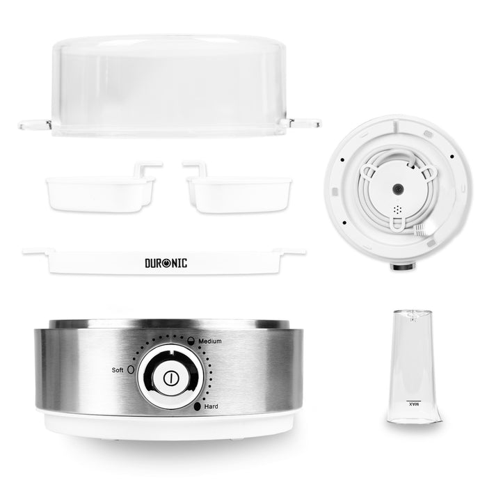 Duronic EB40 WE boiled egg cooker showing the different parts including the water cup measuring attachment