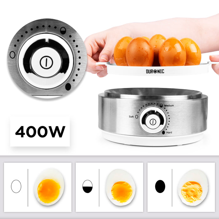 Duronic EB40 WE electric egg boiler wattage 400W to cook 7 eggs soft, medium, or hard boiled