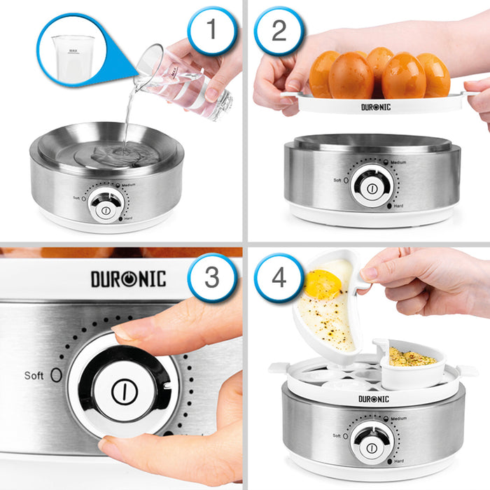 Duronic EB40 WE electric egg cooker showing how to cook 7 eggs and make omelettes