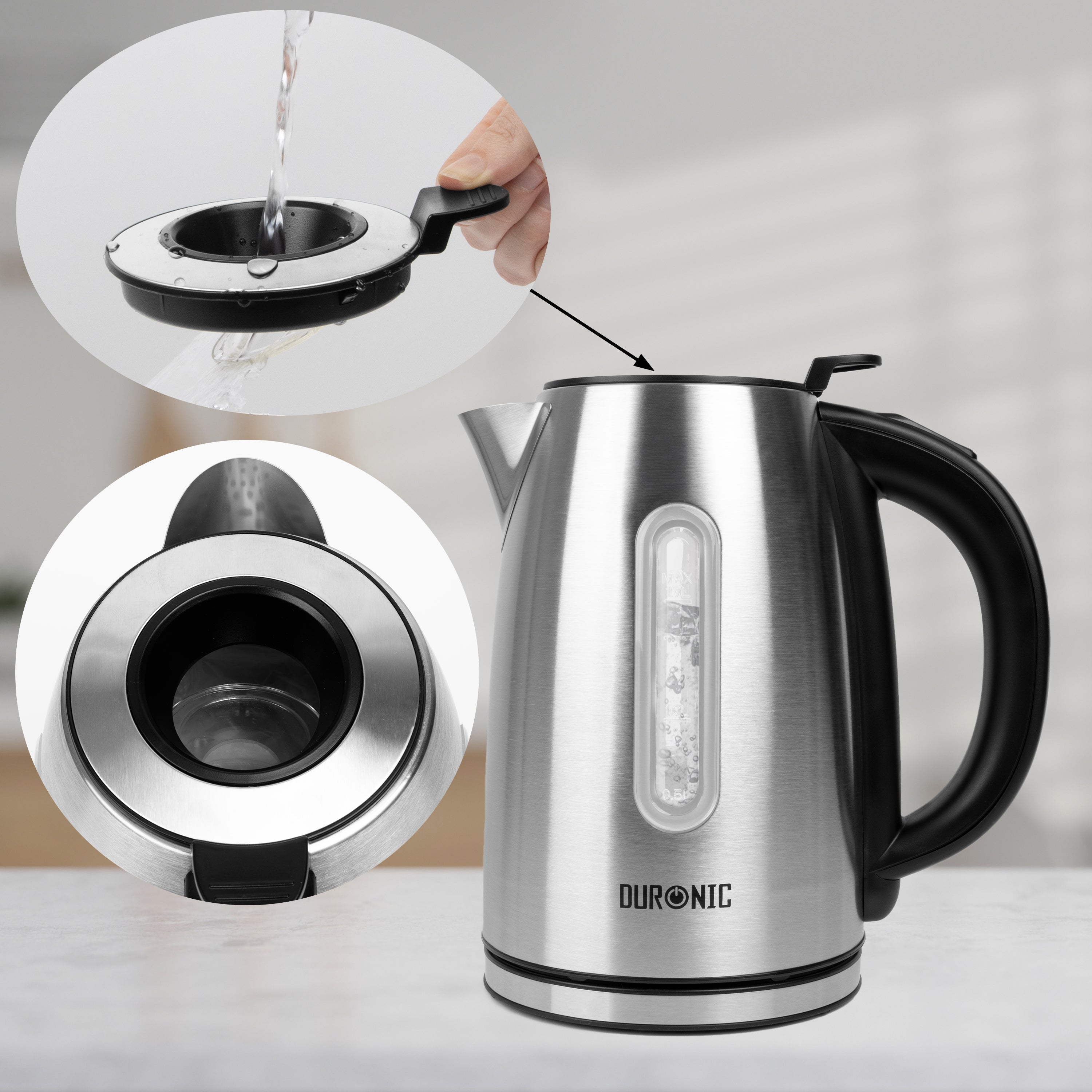 Duronic EK43 digital electric kettle with a unique and innovative lid, allowing you to pour water directly through the lid without opening it