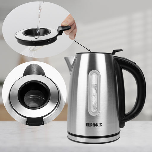 Duronic EK43 digital electric kettle with a unique and innovative lid, allowing you to pour water directly through the lid without opening it