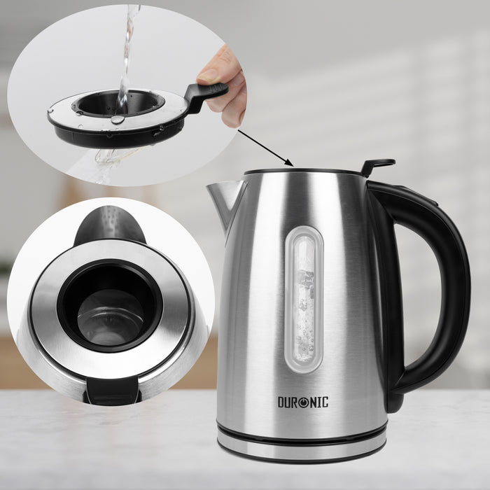 Duronic EK43 digital electric kettle with a unique and innovative lid, allowing you to pour water directly through the lid without opening it