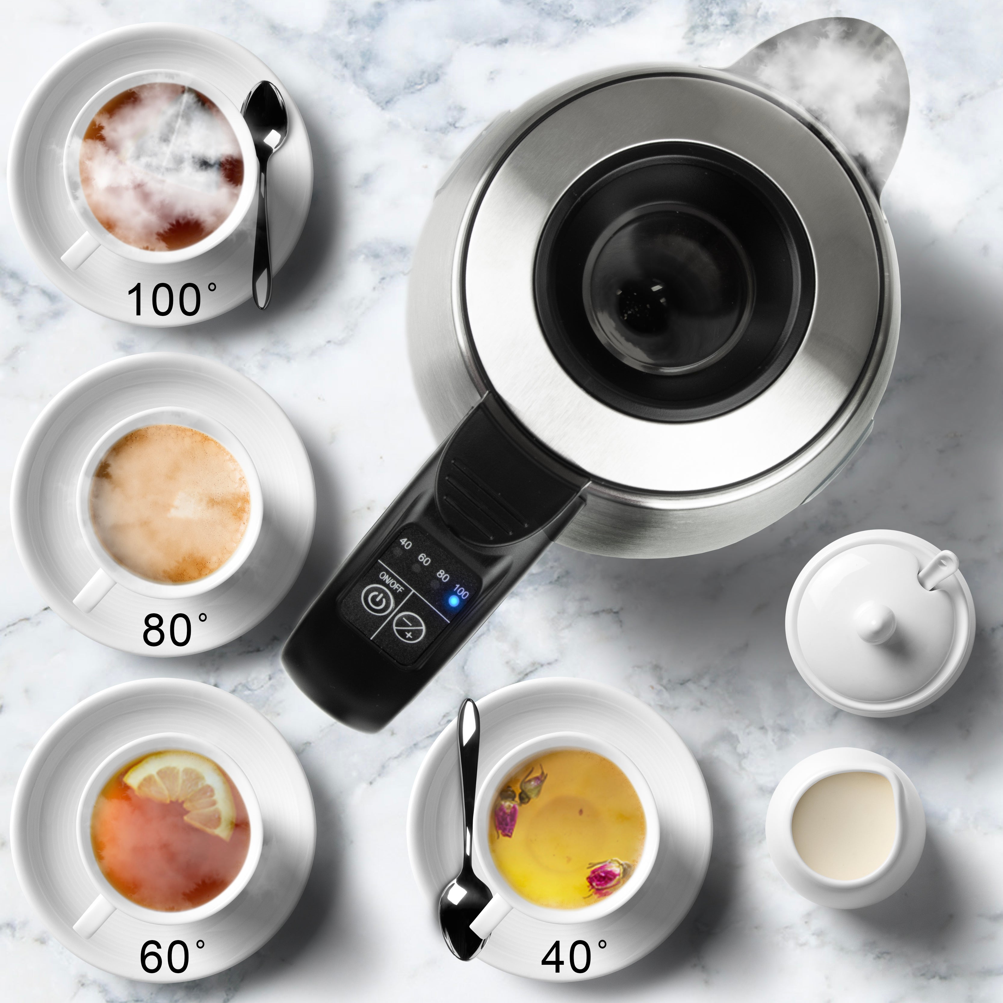 Duronic EK43 temperature control kettle with various temperatures for different beverages, such as tea, coffee, hot chocolate and more