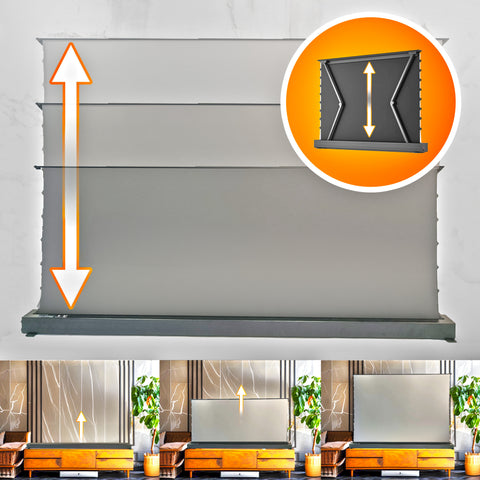 Duronic Electric 120” floor-rising motorized projector screen demonstrating its height-adjustable range