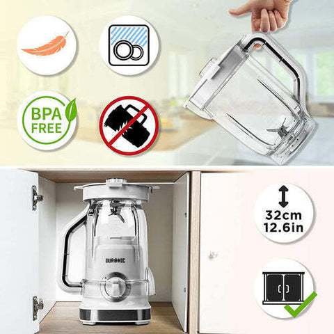 Duronic Electric Blender in a kitchen setting highlighting its lightweight, BPA-free, and dishwasher-safe jug