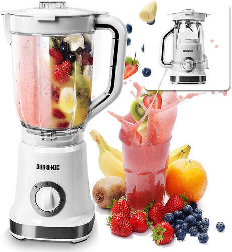 Duronic Electric Blender white countertop blender filled with fresh fruit, shown next to a glass of strawberry smoothie and an assortment of berries, kiwis, and bananas