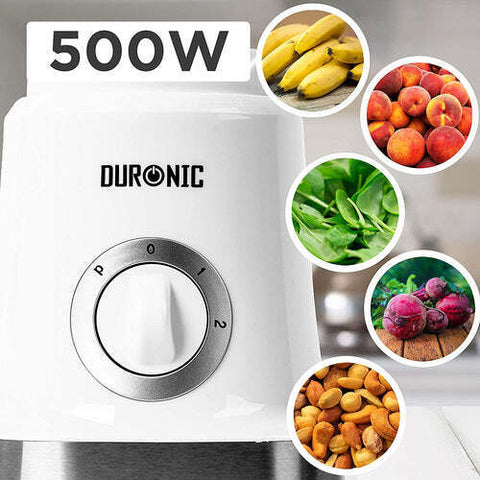 Duronic Electric Blender with a speed control dial, surrounded by circular icons of bananas, peaches, spinach, beets, and mixed nuts to showcase its versatility
