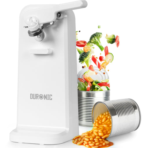 Duronic Electric Can Opener, with can of vegetable and pork and beans