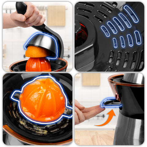 Duronic Electric Citrus Juicer features of an electric citrus juicer, including its press handle, integrated pulp filter, orange-colored reamer, and anti-drip spout