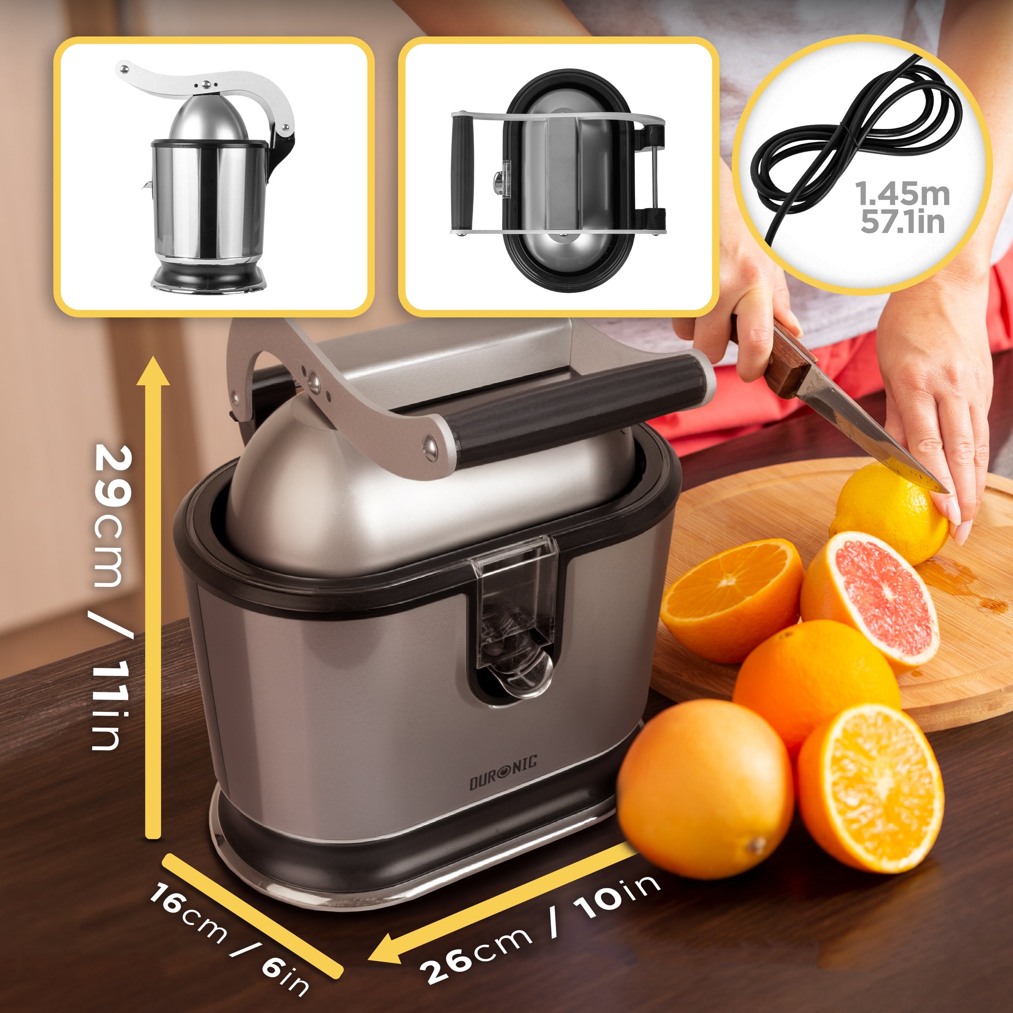 Duronic Electric Citrus Juicer product dimensions with fresh citrus fruits on countertop. 