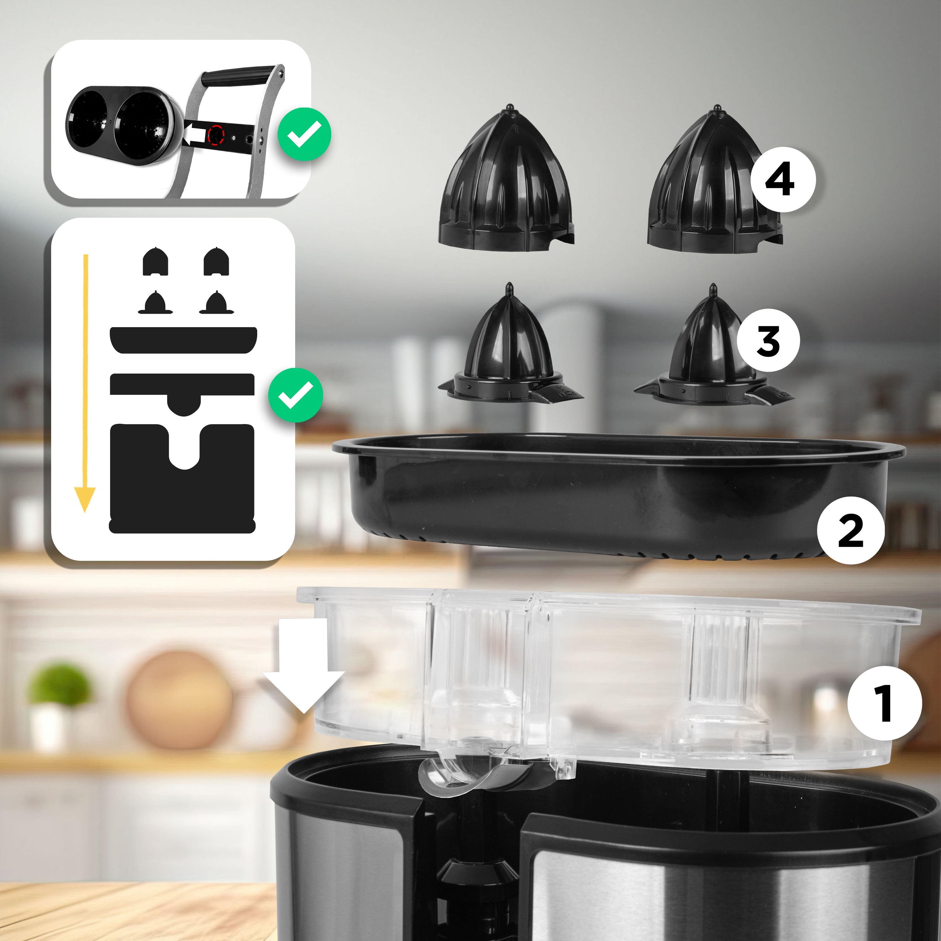 Duronic Electric Citrus Juicer showing numbered assembly parts and visual instructions for an electric citrus juicer.