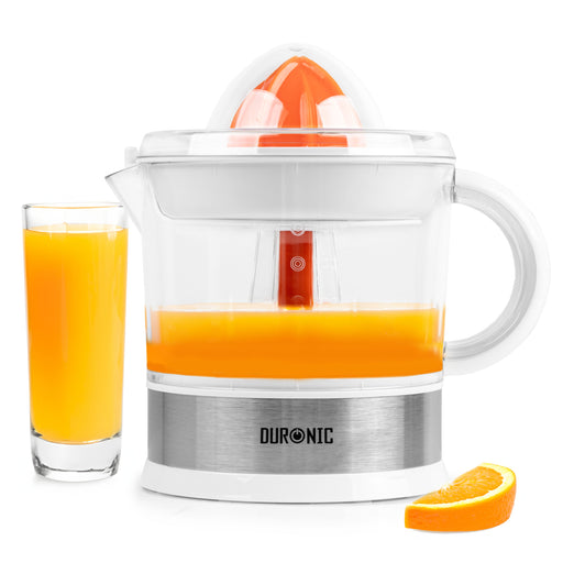 Duronic Electric Citrus Juicer with a glass of orange juice on the side