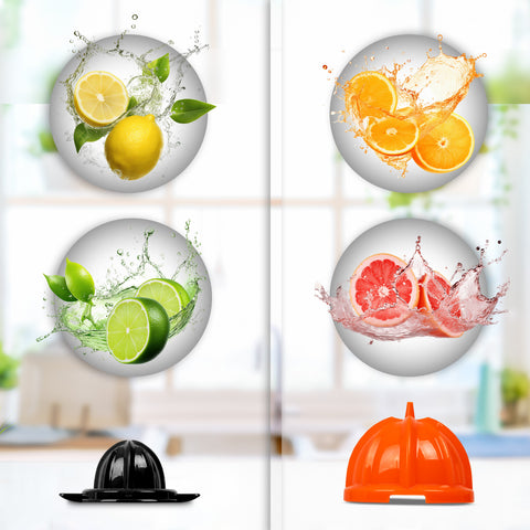 Duronic Electric Citrus Juicer with juice splashes above two different-sized manual juicer attachments in black and orange.