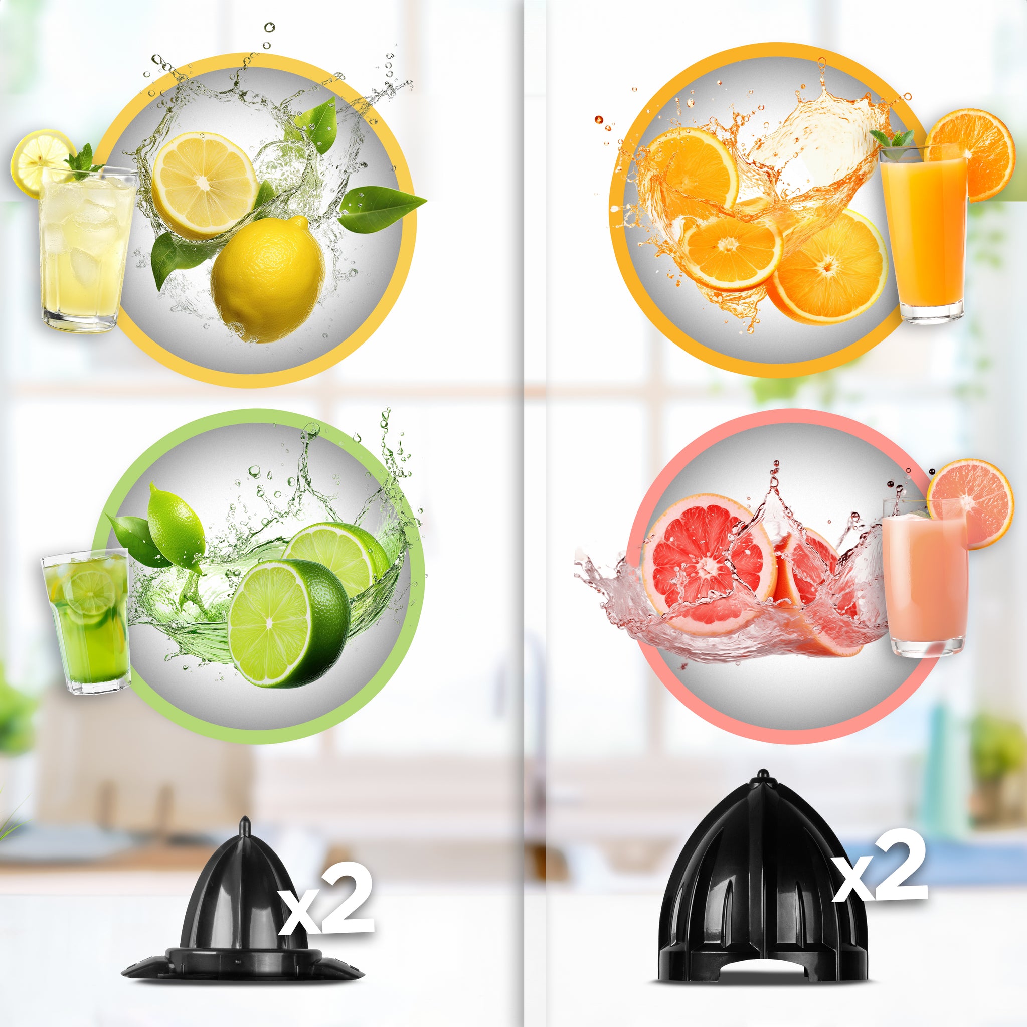 Duronic Electric Citrus Juicer with juices displayed next to small and large black juicer attachments