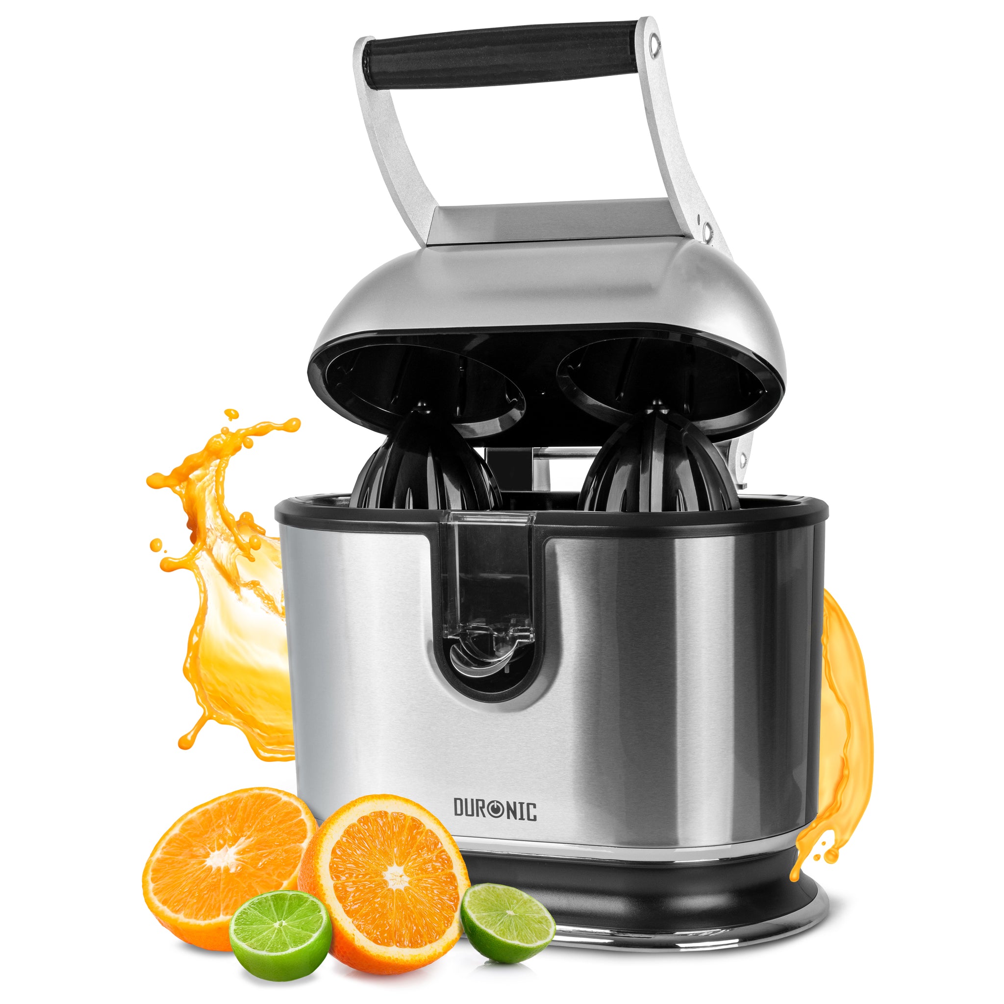 Duronic Electric Citrus Juicer with press handle, orange juice splash, and sliced citrus.