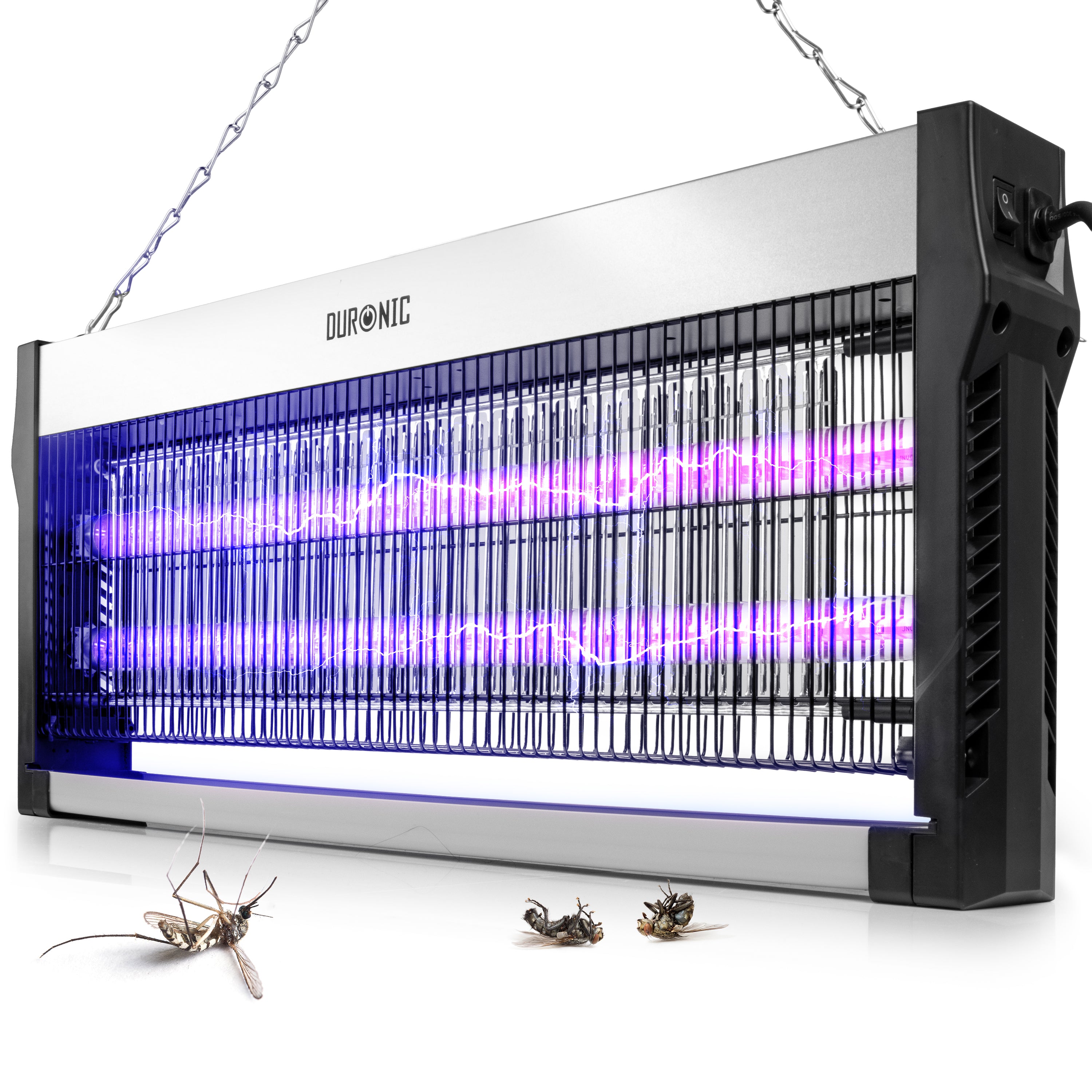 Duronic Electric Fly Killer with glowing UV light tubes hanging above dead mosquitoes and flies.