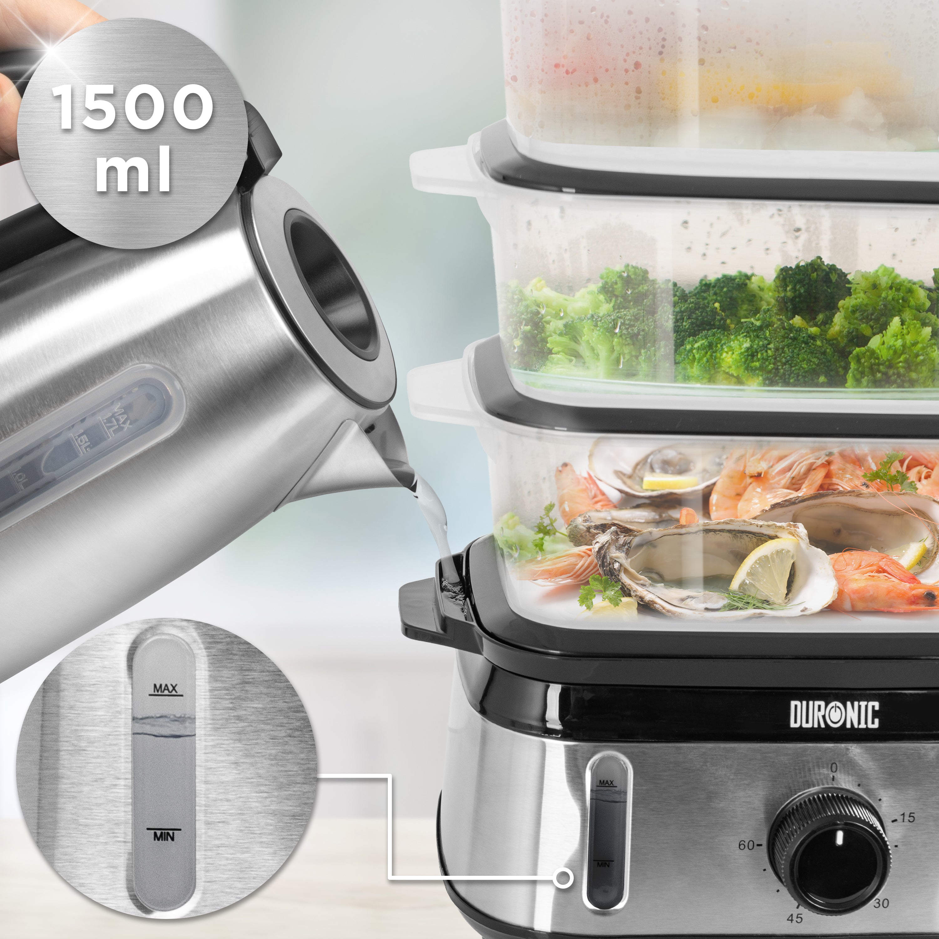 Duronic Electric Food Steamer, Pouring water from a stainless steel kettle