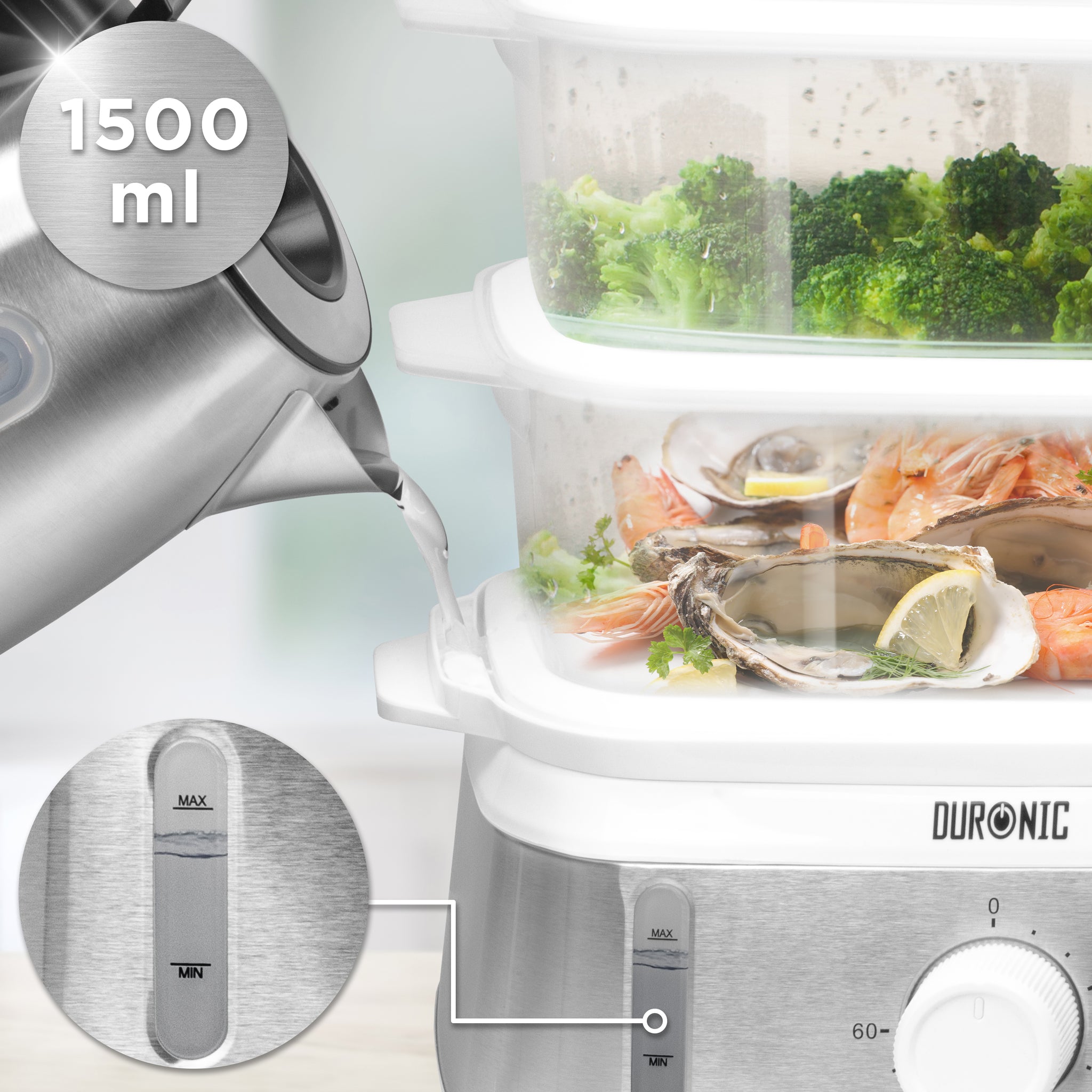 Duronic Electric Food Steamer being filled with water to steam vegetables and seafood.