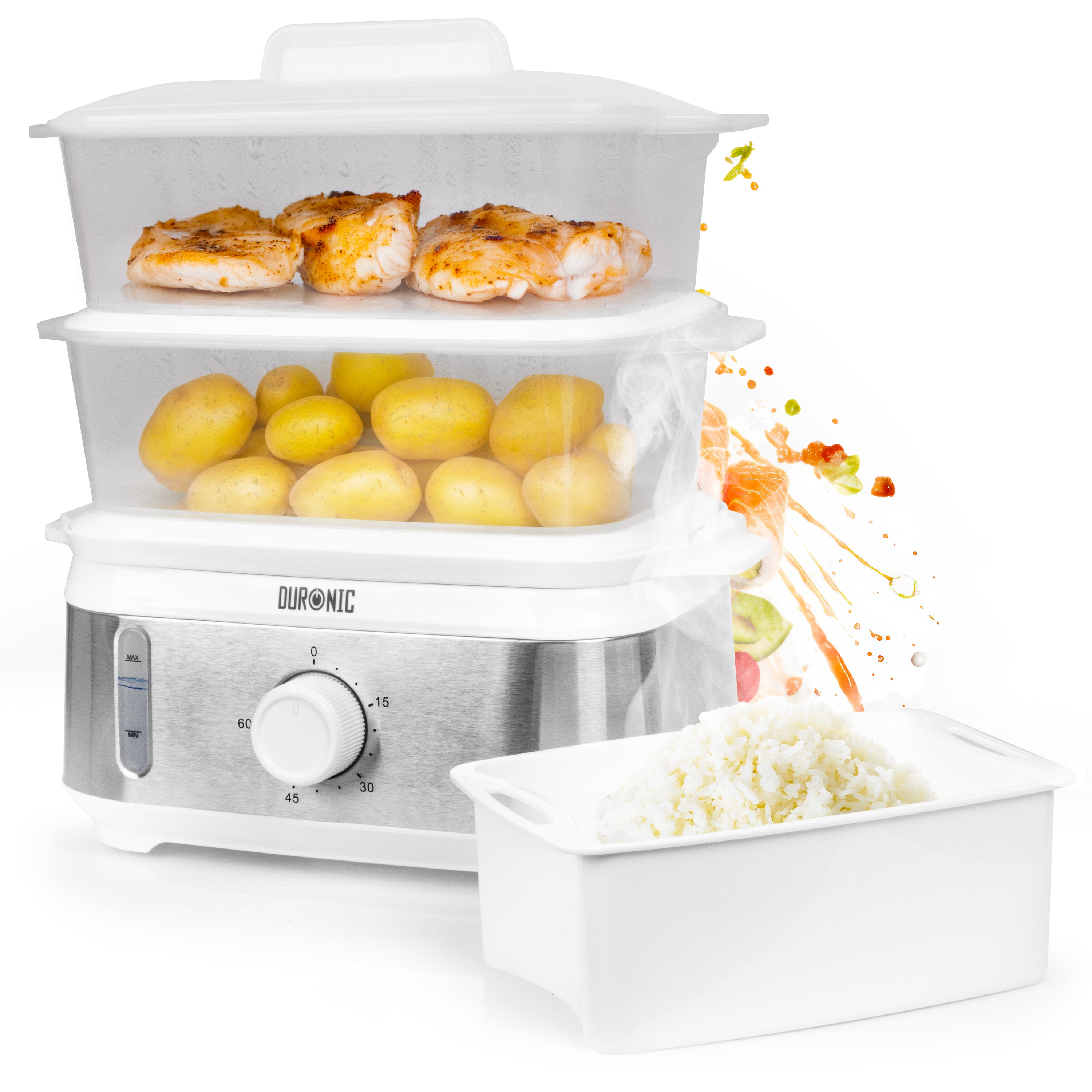 Duronic Electric Food Steamer cooking chicken breast and potatoes alongside a bowl of white rice