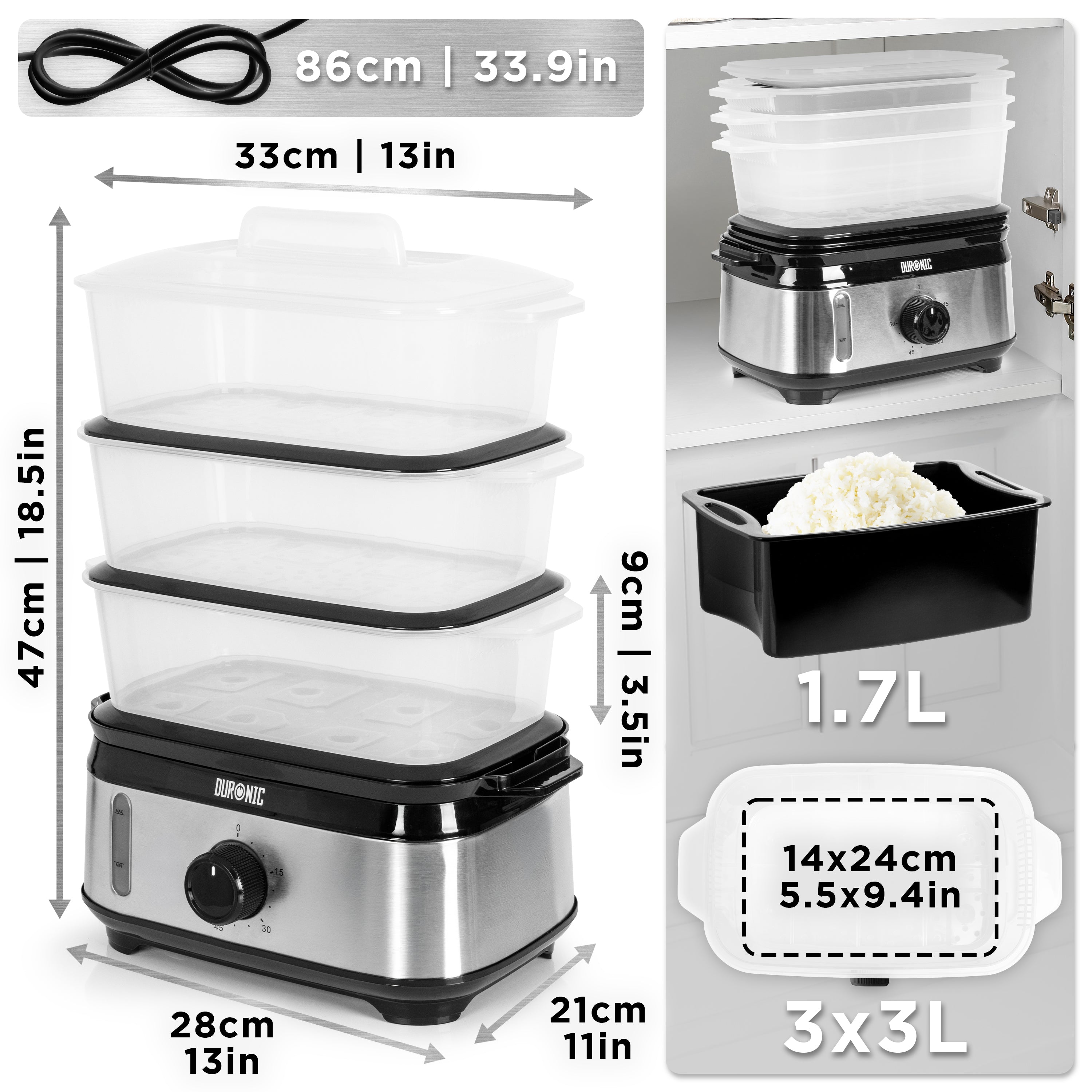 Duronic Electric Food Steamer showing dimensions, 3 tier baskets, rice bowl, and compact storage.
