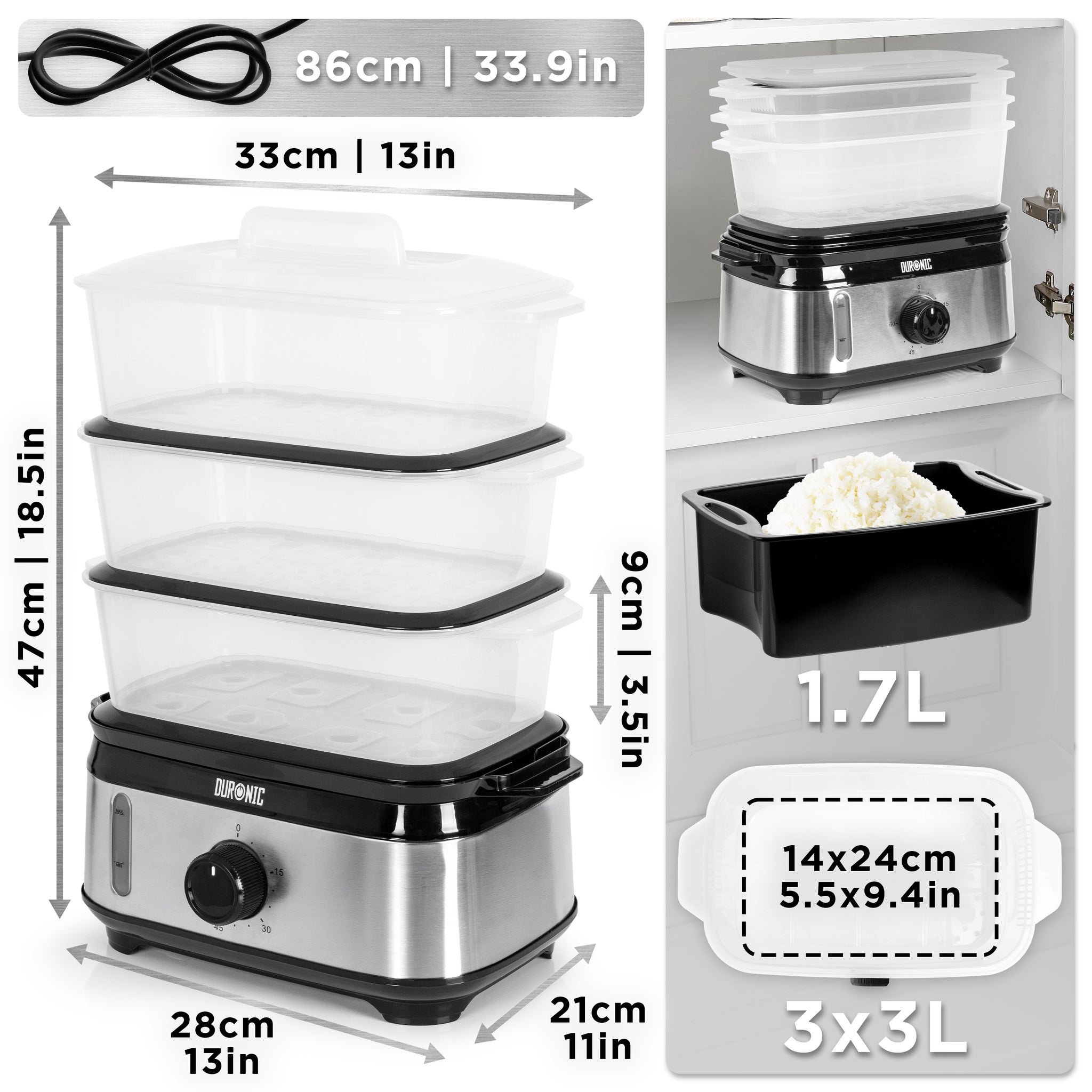 Duronic Electric Food Steamer showing dimensions, 3 tier baskets, rice bowl, and compact storage.