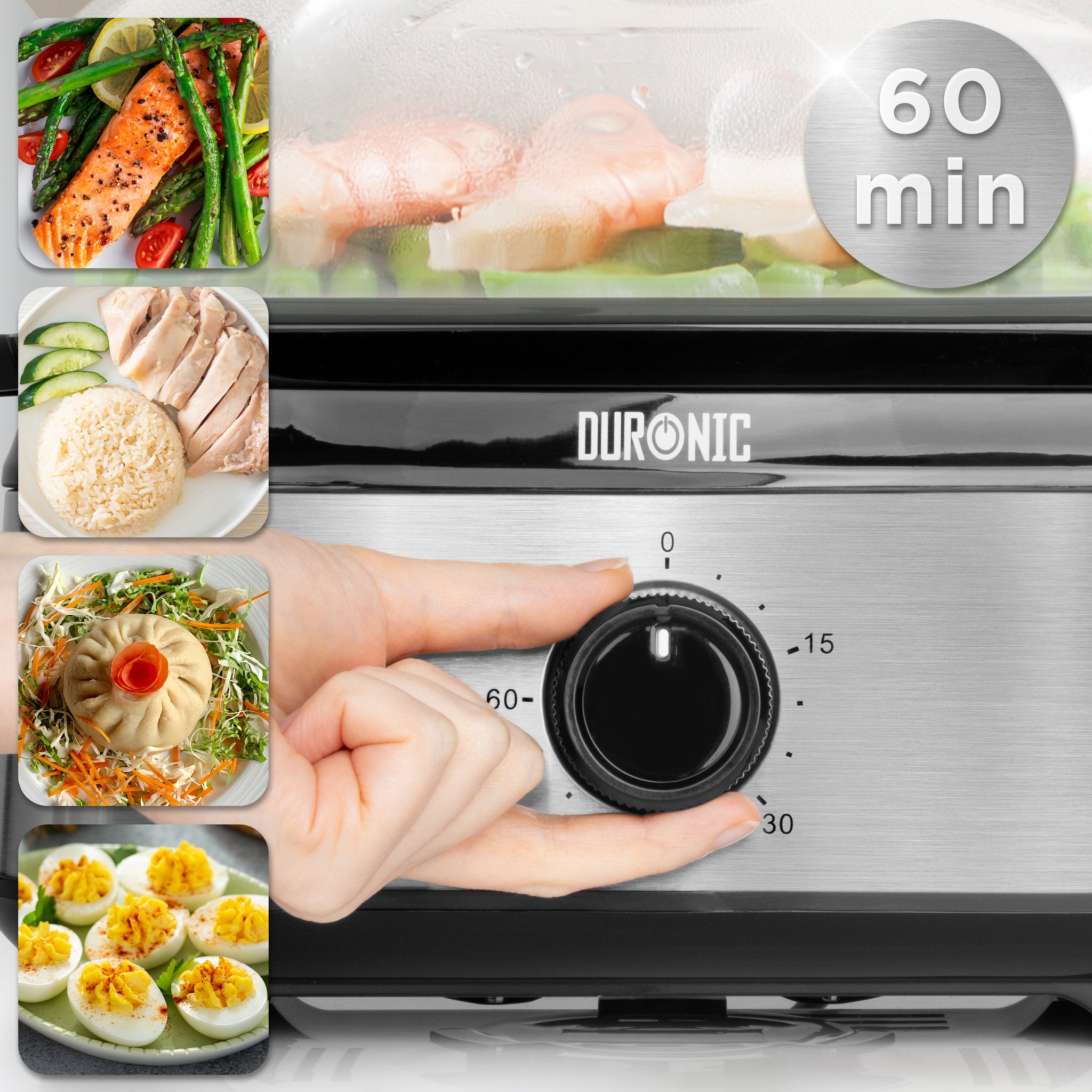 Duronic Electric Food Steamer  with a hand adjusting the 60 minute timer dial