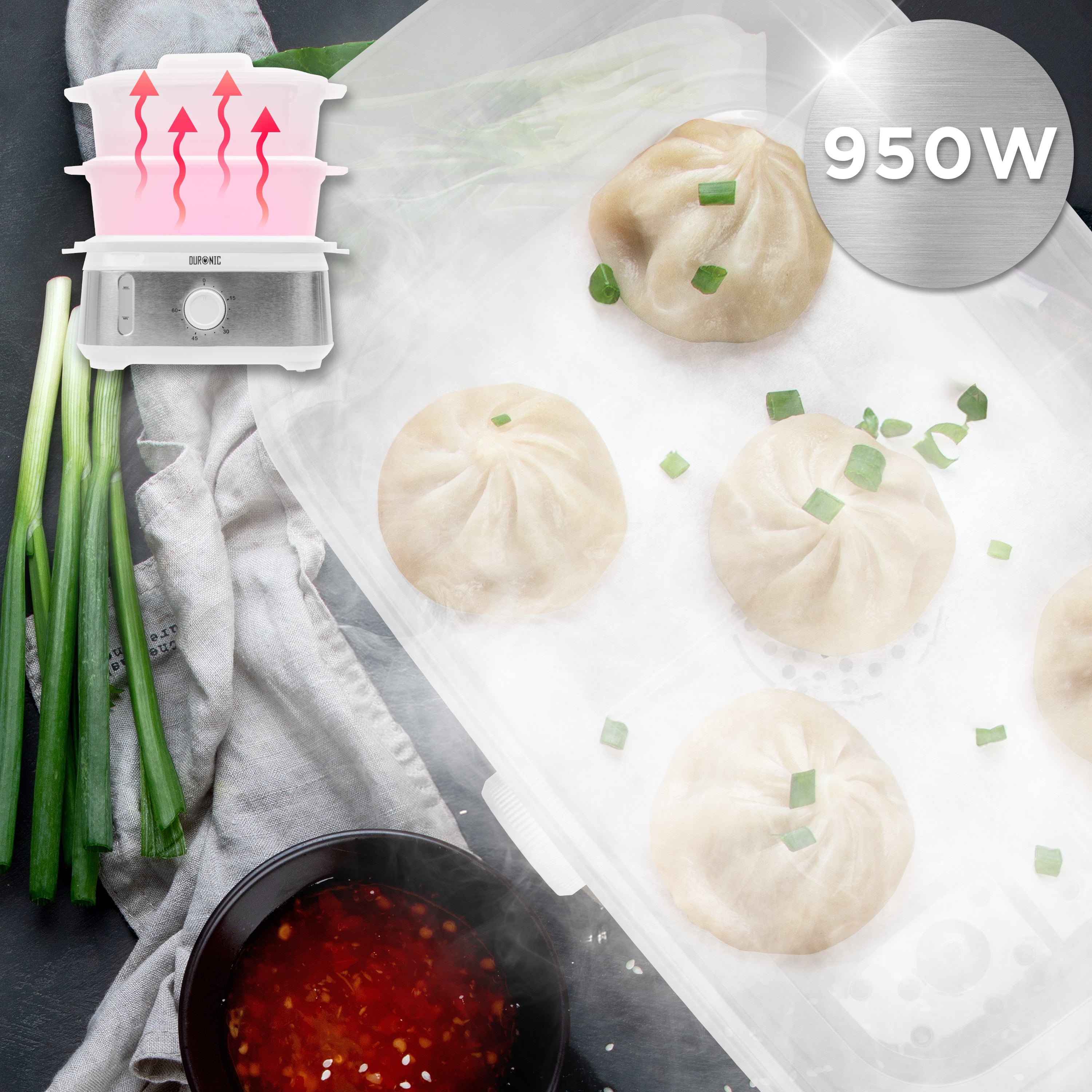 Duronic Electric Food Steamer with chili sauce and green onions.