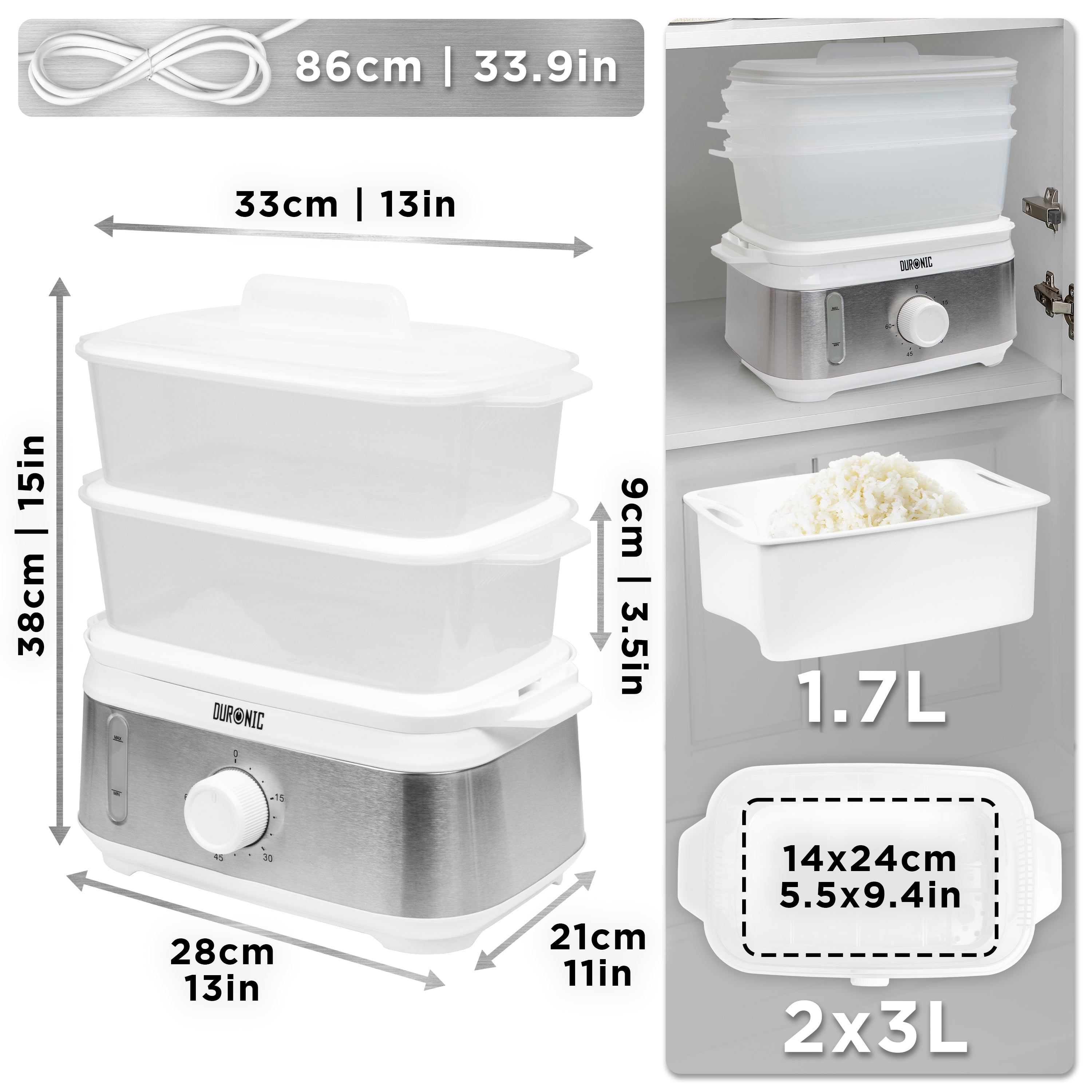 Duronic Electric Food Steamer with dimension