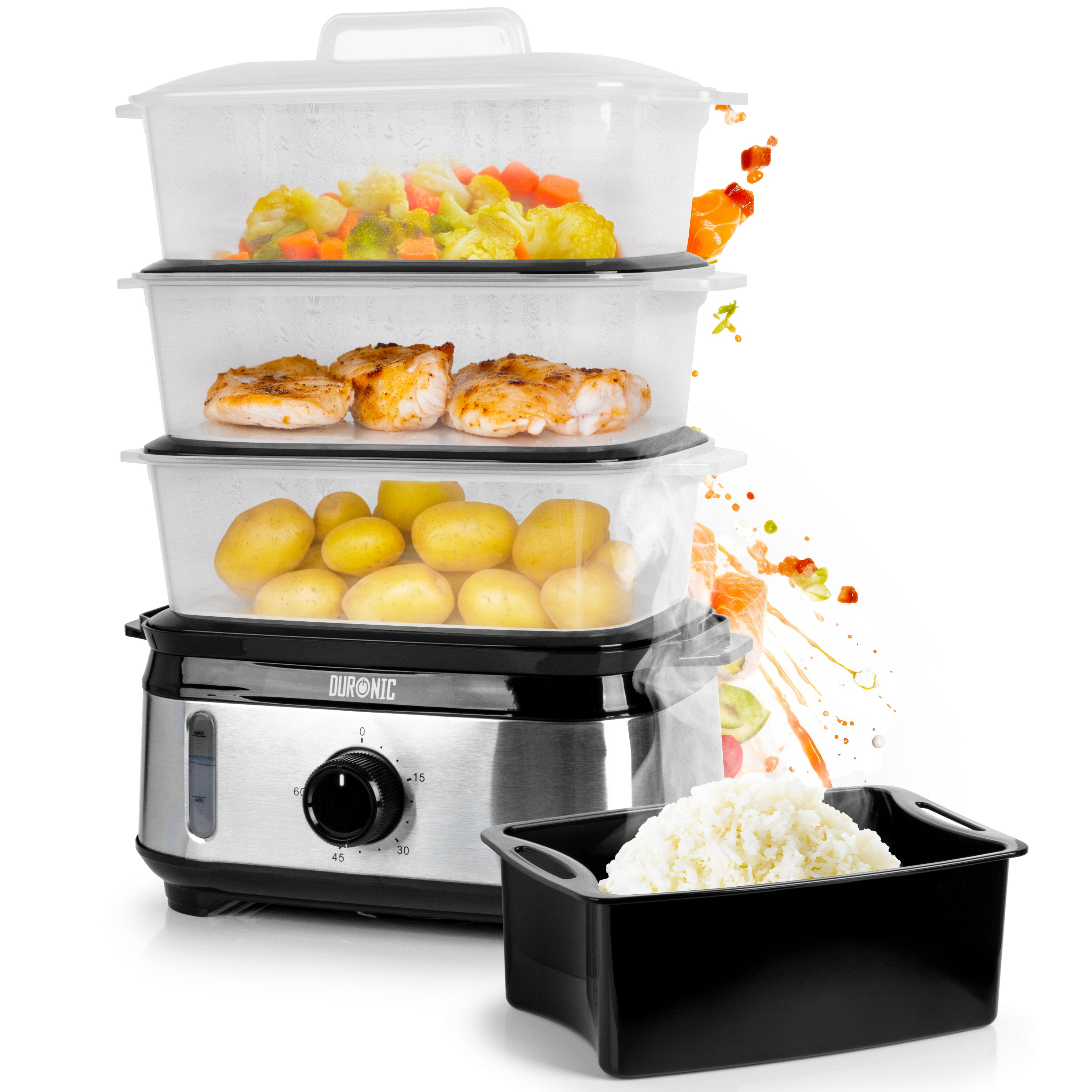 Duronic Electric Food Steamer with vegetables, fish, potatoes, and cooked white rice.